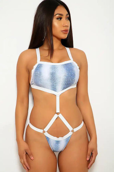 Sexy Light Blue White Denim Print Strappy Monokini - AMIClubwear