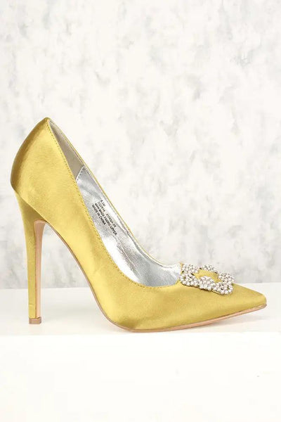 Sexy Light Olive Rhinestone Pointy Toe Single Sole High Heels Satin - AMIClubwear