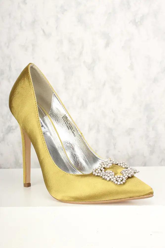 Sexy Light Olive Rhinestone Pointy Toe Single Sole High Heels Satin - AMIClubwear