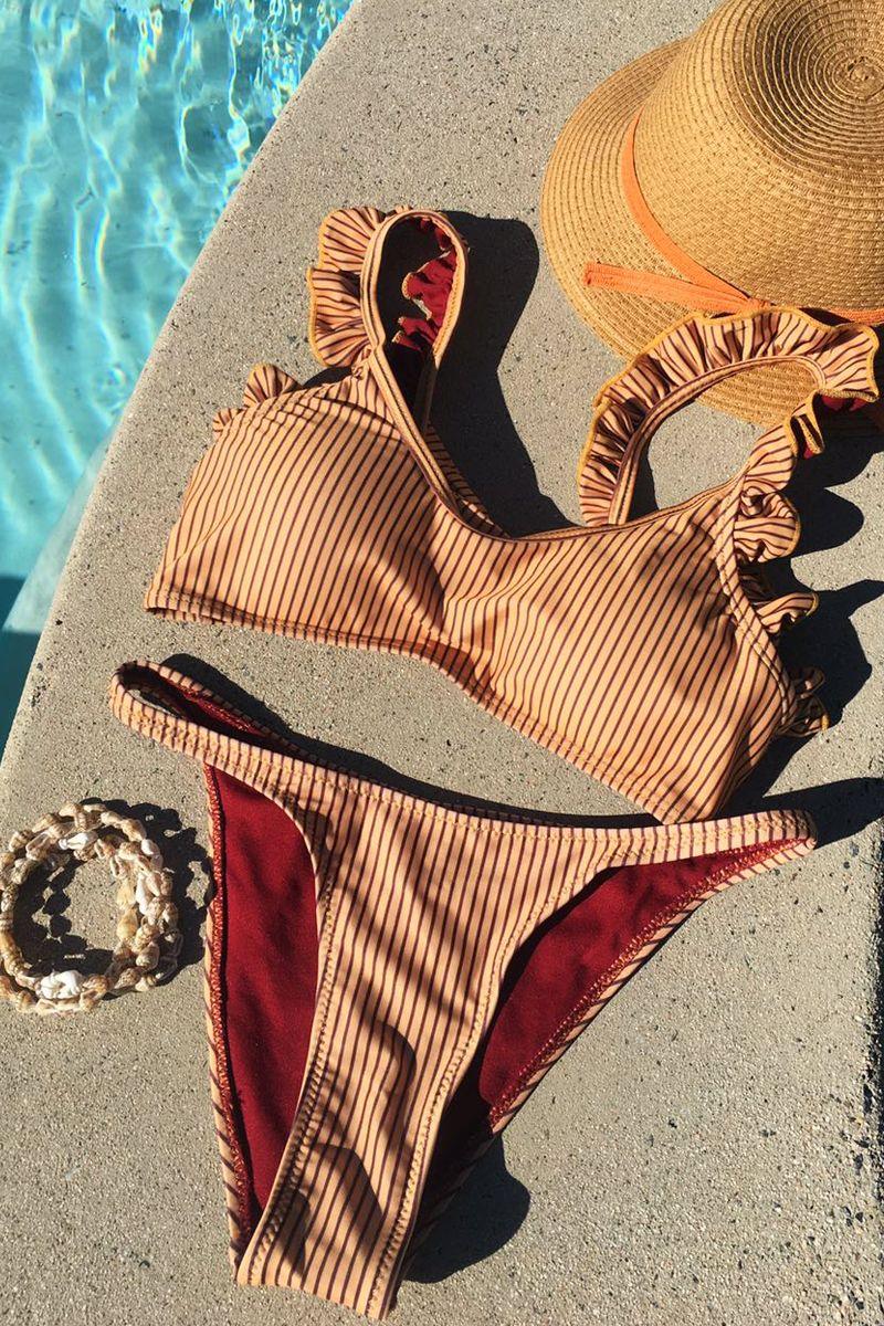Sexy Light Orange Brown Stripe Cheeky Two Piece Swimsuit - AMIClubwear