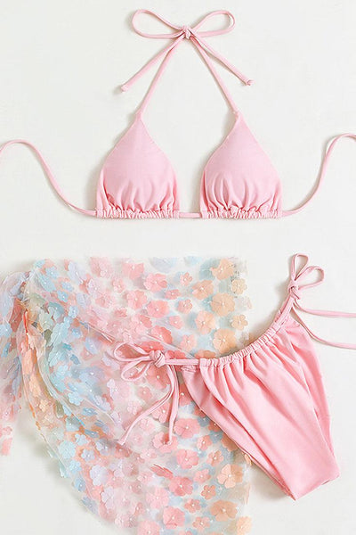 Sexy Light Pink Bikini With Flower Coverup Skirt - AMIClubwear