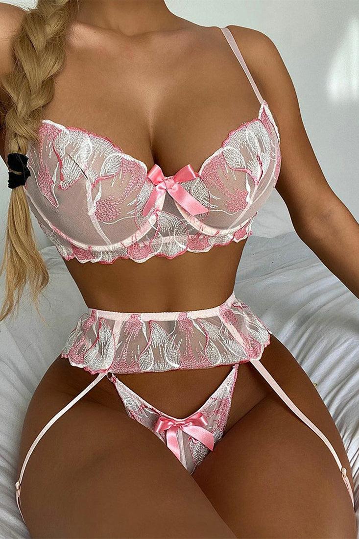 Sexy Light Pink Floral 3pc Lingerie Set - AMIClubwear