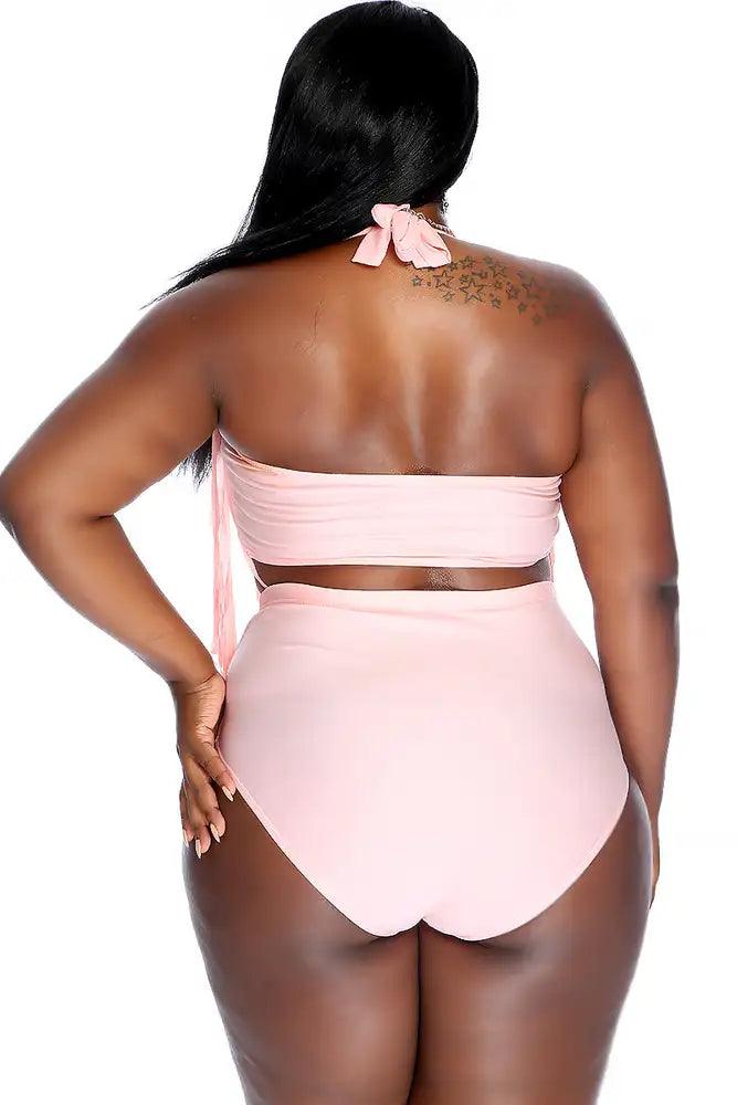 Sexy Light Pink Padded Fringe High Waist Plus Size Swimsuit - AMIClubwear