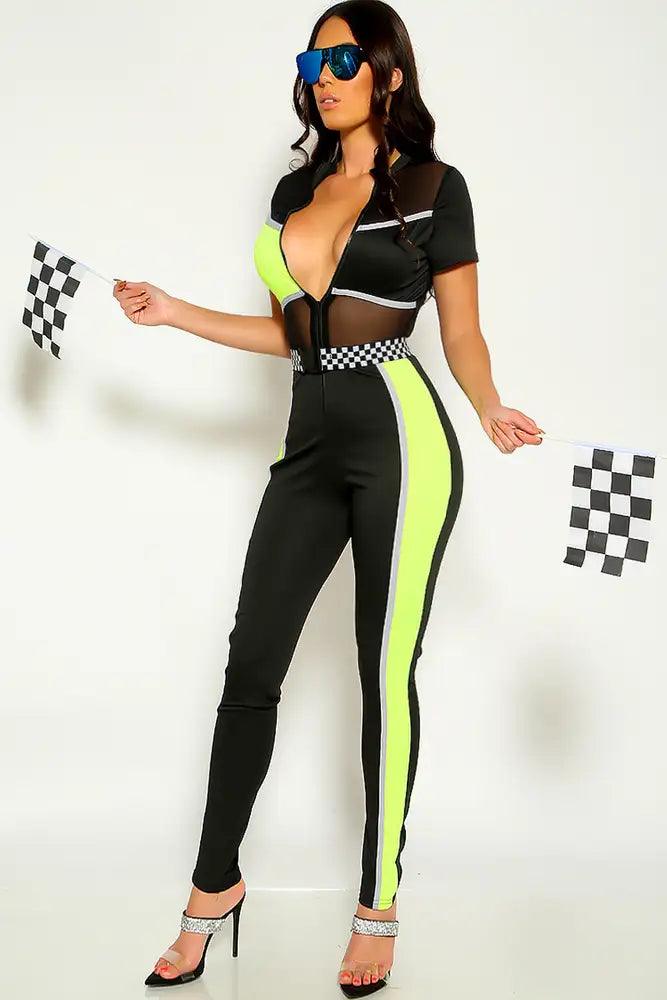 Sexy Lime Black Zipper Jumpsuit Race Car Racer Sexy Outfit Costume - AMIClubwear