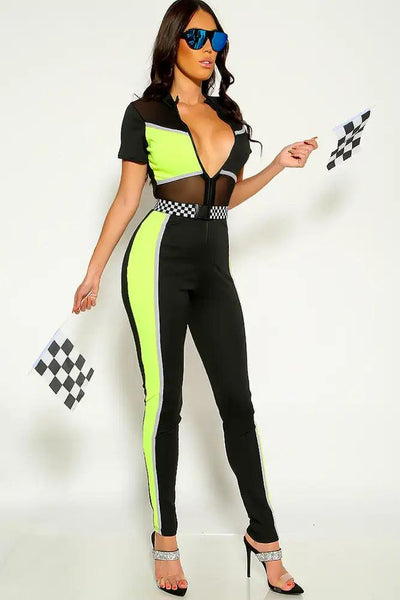 Sexy Lime Black Zipper Jumpsuit Race Car Racer Sexy Outfit Costume - AMIClubwear