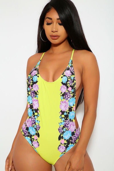 Sexy Lime Floral Backless Sexy One Piece Swimsuit - AMIClubwear