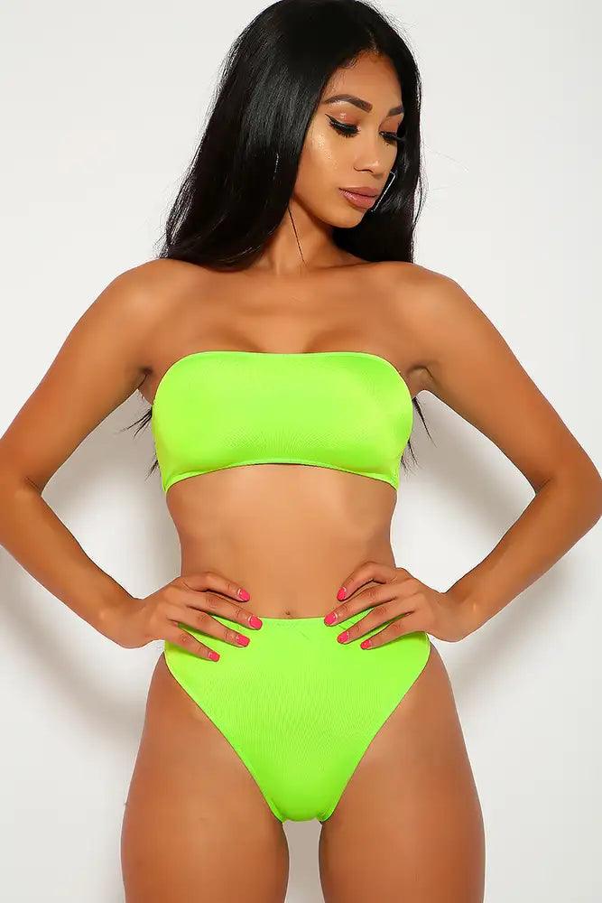 Sexy Lime High Shine Bandeau High Waisted Two Piece Swimsuit - AMIClubwear