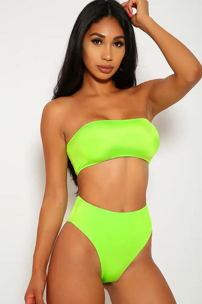 Sexy Lime High Shine Bandeau High Waisted Two Piece Swimsuit - AMIClubwear