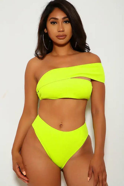 Sexy Lime One Shoulder Bandeau High Waist Two Piece Swimsuit - AMIClubwear