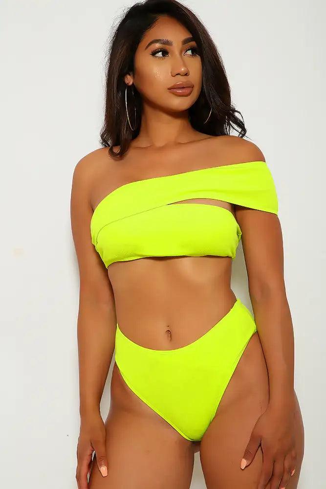 Sexy Lime One Shoulder Bandeau High Waist Two Piece Swimsuit - AMIClubwear