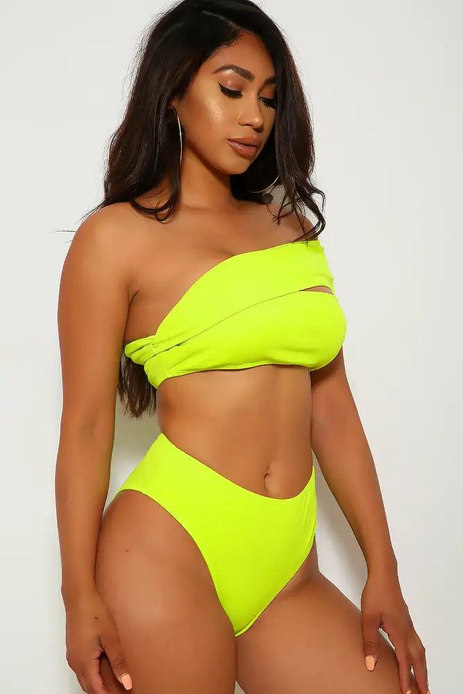 Sexy Lime One Shoulder Bandeau High Waist Two Piece Swimsuit - AMIClubwear