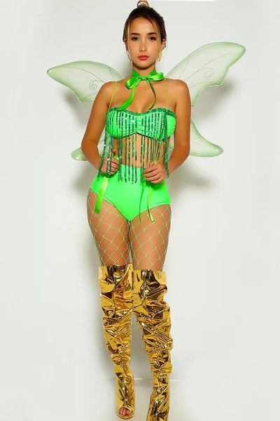 Sexy Lime Tinker Sequin Bow High Waist 3 Piece Fairy Costume - AMIClubwear