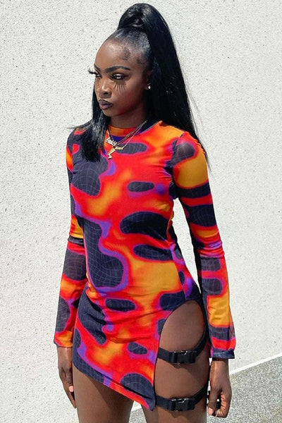 Sexy Long Sleeve Double Buckle Lava Print Party Dress - AMIClubwear