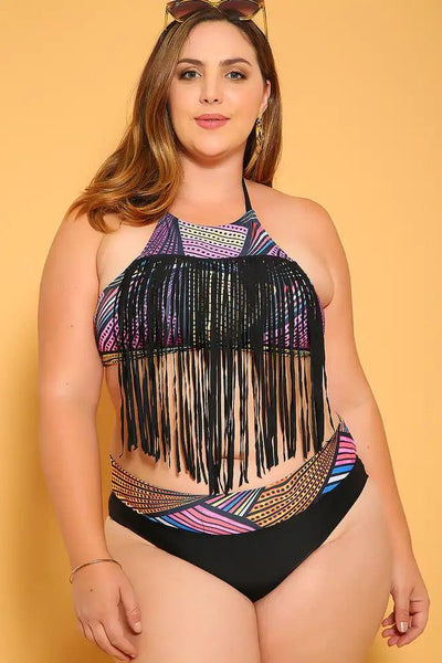 Sexy Magenta Black Printed Fringe Padded Two Piece Plus Size Bikini - AMIClubwear