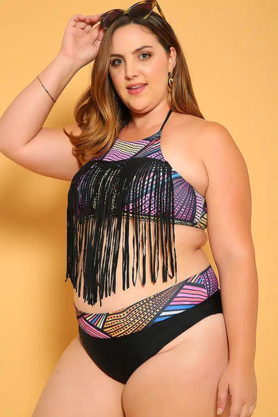 Sexy Magenta Black Printed Fringe Padded Two Piece Plus Size Bikini - AMIClubwear