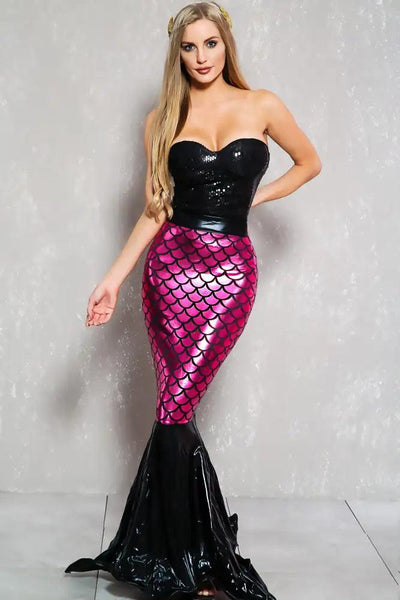 Sexy Magenta Black Sequin Strapless Metallic Two Piece Mermaid Costume - AMIClubwear