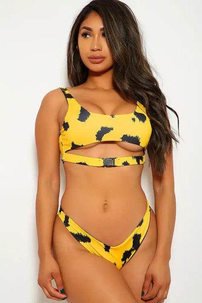 Sexy Marigold Black Printed Cut Out Buckle Cheeky Two Piece Swimsuit - AMIClubwear