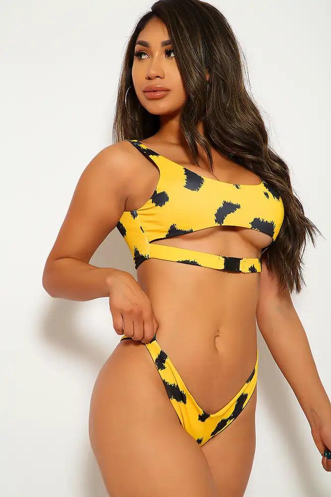 Sexy Marigold Black Printed Cut Out Buckle Cheeky Two Piece Swimsuit - AMIClubwear