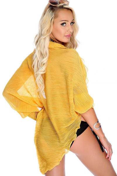 Sexy Marigold Sheer Ribbed Detailing Long Sleeve Swim Suit Cover Up - AMIClubwear