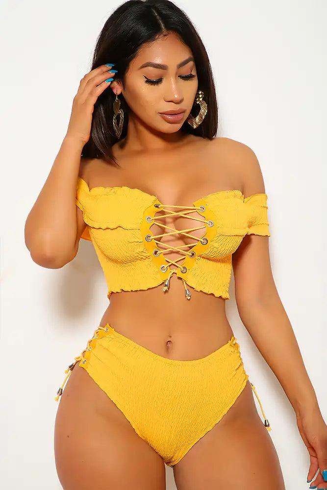 Sexy Marigold Smocked Off The Shoulders High Waist Two Piece Swimsuit - AMIClubwear