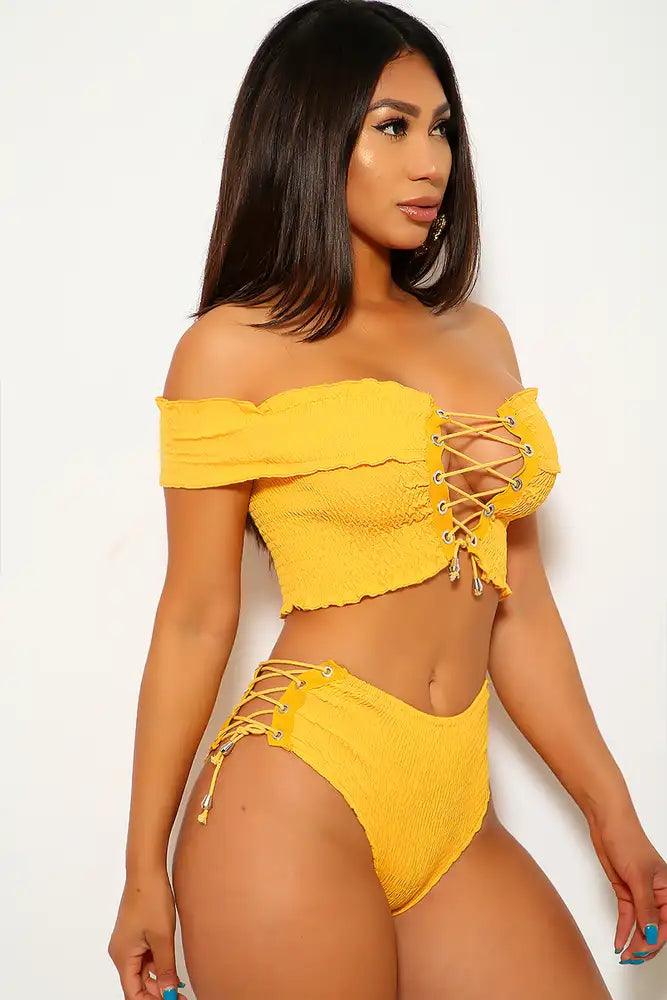 Sexy Marigold Smocked Off The Shoulders High Waist Two Piece Swimsuit - AMIClubwear