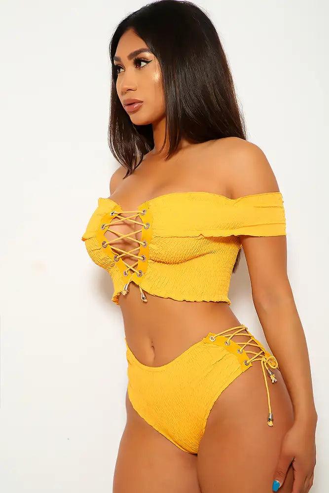 Sexy Marigold Smocked Off The Shoulders High Waist Two Piece Swimsuit - AMIClubwear