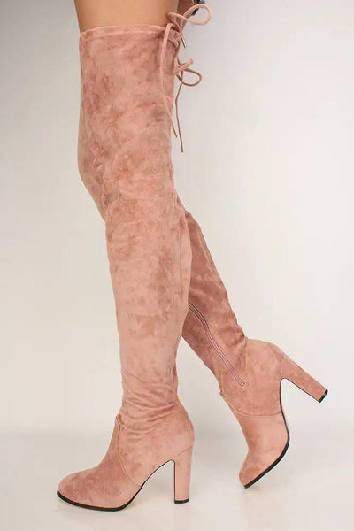 Sexy Mauve Chunky High Heels Thigh High Boots Faux Suede - AMIClubwear