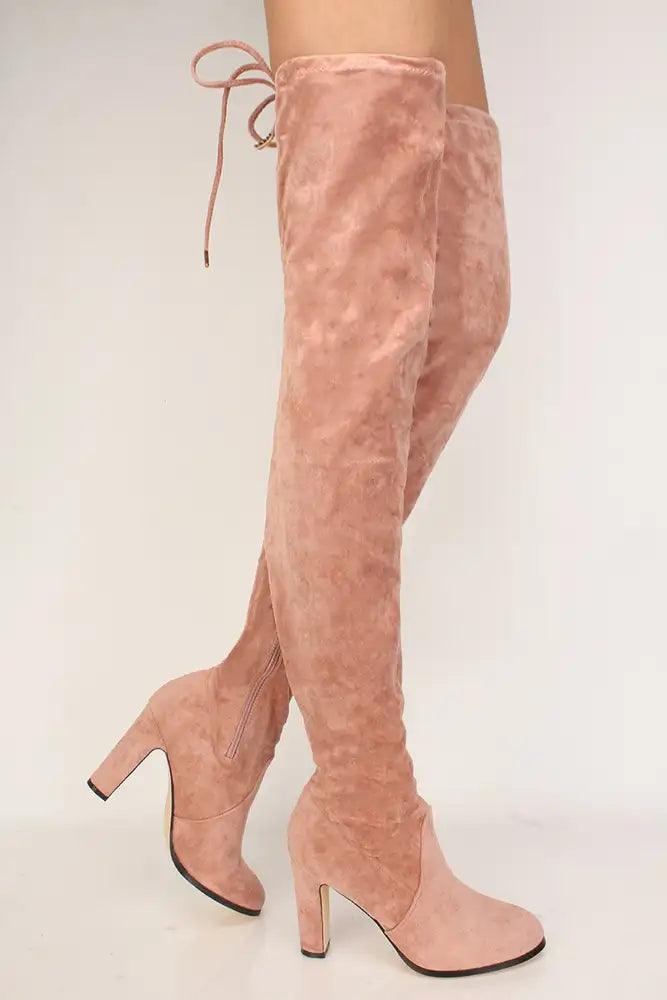 Sexy Mauve Chunky High Heels Thigh High Boots Faux Suede - AMIClubwear