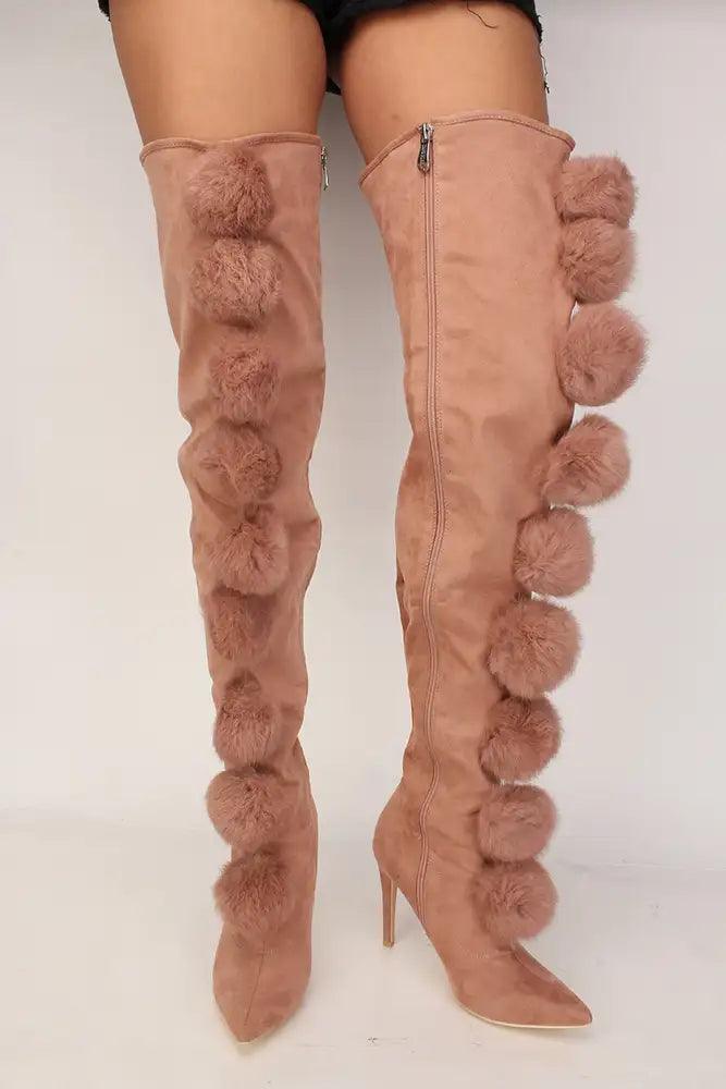 Sexy Mauve Pom Pom Accent Pointy Toe Thigh High Heel Boots Faux Suede - AMIClubwear