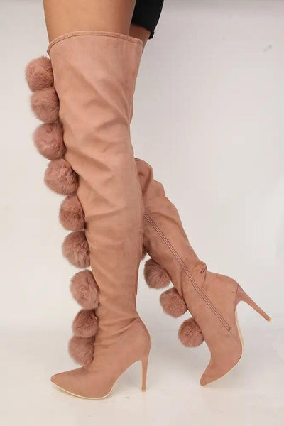 Sexy Mauve Pom Pom Accent Pointy Toe Thigh High Heel Boots Faux Suede - AMIClubwear