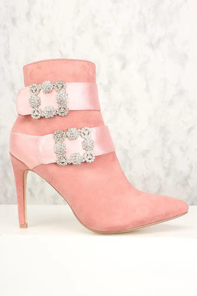 Sexy Mauve Rhinestone Buckle Accent Pointy Toe Booties - AMIClubwear