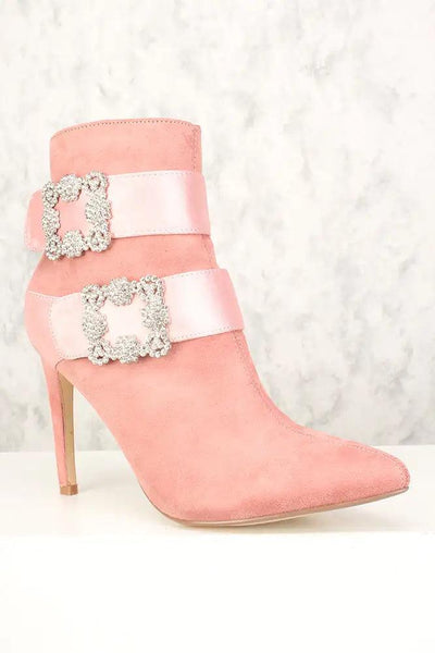 Sexy Mauve Rhinestone Buckle Accent Pointy Toe Booties - AMIClubwear