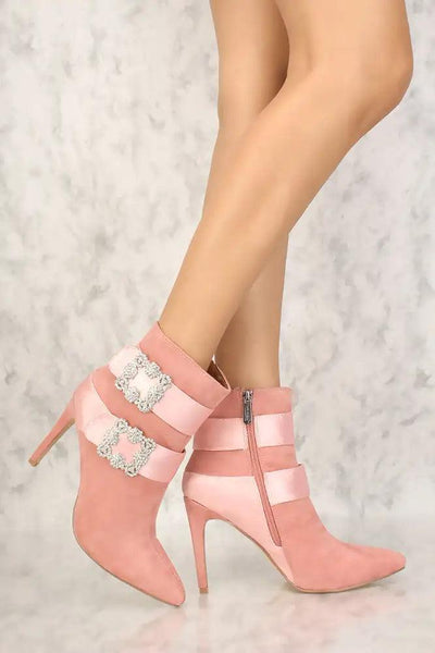 Sexy Mauve Rhinestone Buckle Accent Pointy Toe Booties - AMIClubwear