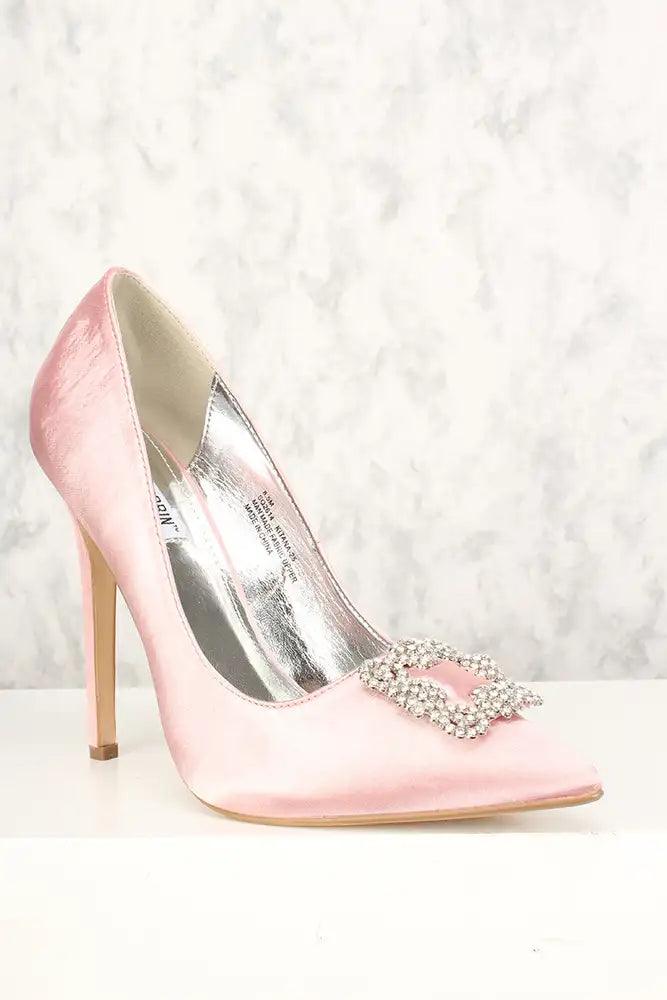 Sexy Mauve Rhinestone Pointy Toe Single Sole High Heels Satin - AMIClubwear