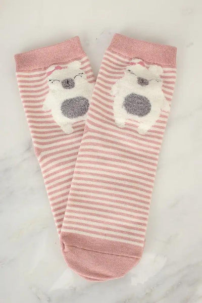 Sexy Mauve White Stripe Fuzzy Detail Ankle High Socks - AMIClubwear