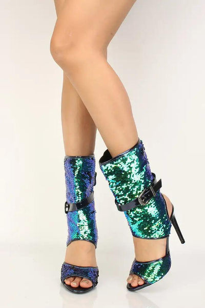 Sexy Mermaid Cut Out Open Toe High Heels Mid Calf Booties Sequin - AMIClubwear