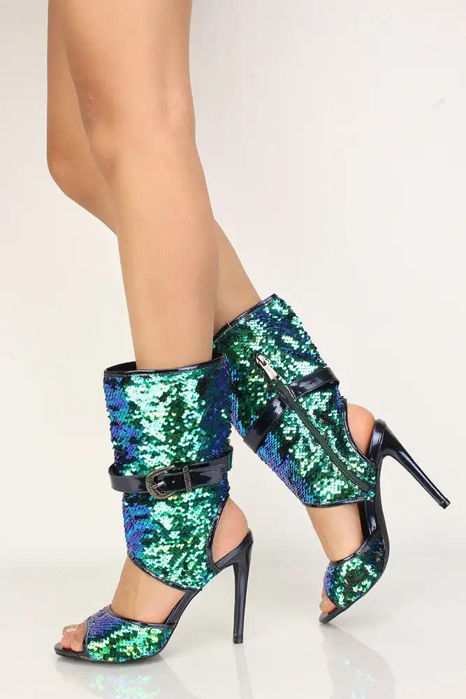 Sexy Mermaid Cut Out Open Toe High Heels Mid Calf Booties Sequin - AMIClubwear