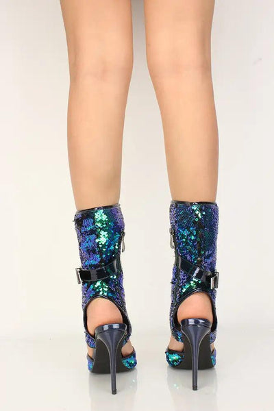 Sexy Mermaid Cut Out Open Toe High Heels Mid Calf Booties Sequin - AMIClubwear