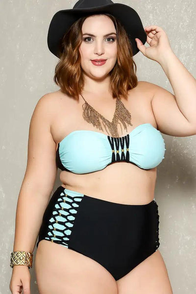 Sexy Mint Blue High Waisted Strappy Plus Size Two Piece Swimsuit - AMIClubwear