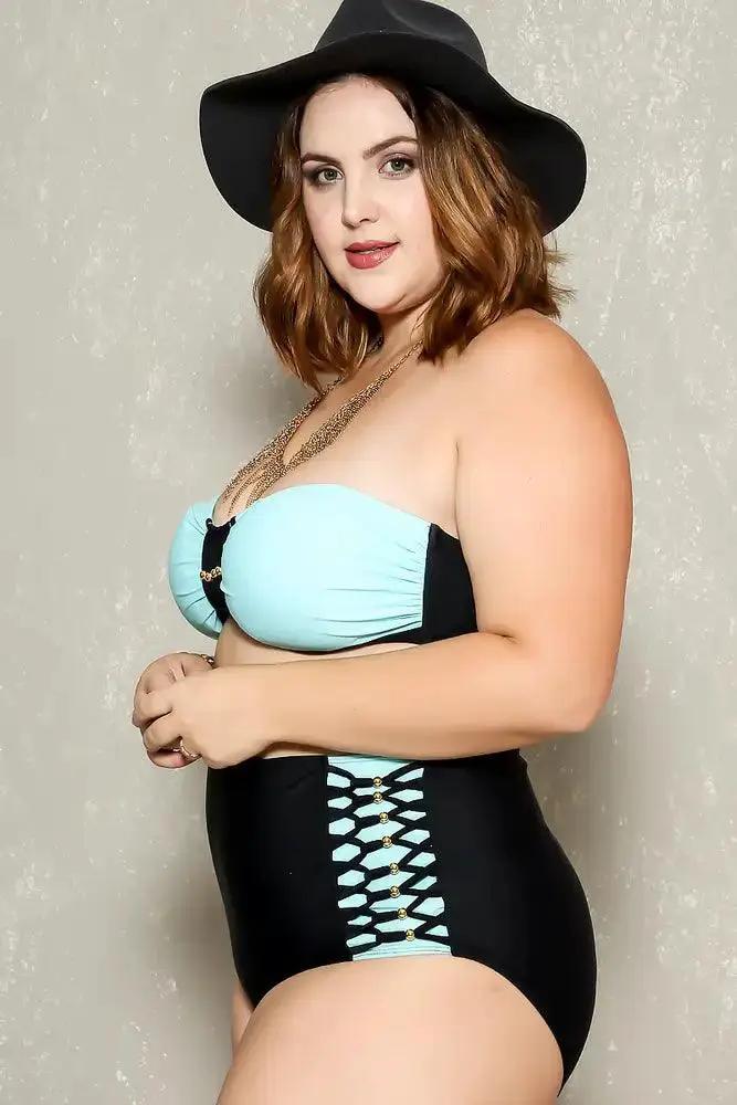 Sexy Mint Blue High Waisted Strappy Plus Size Two Piece Swimsuit