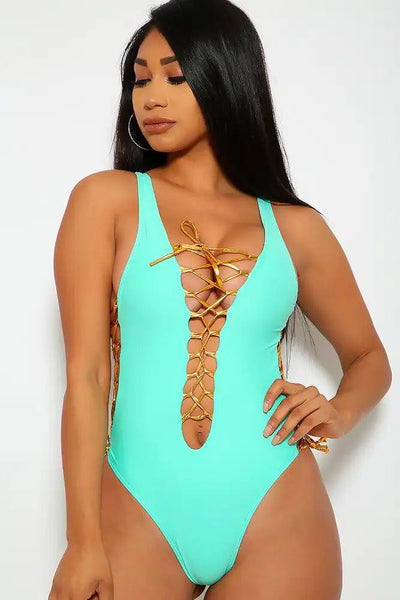 Sexy Mint Gold Lace Up Detail Monokini - AMIClubwear