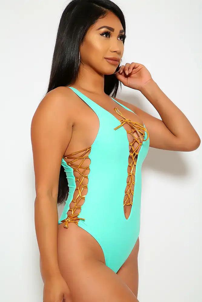 Sexy Mint Gold Lace Up Detail Monokini - AMIClubwear