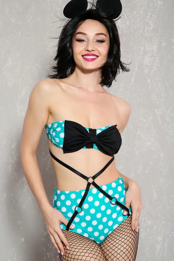 Sexy Mint Polka Dot Bandeau High Waist Strappy 2 Pc. Mouse Costume - AMIClubwear