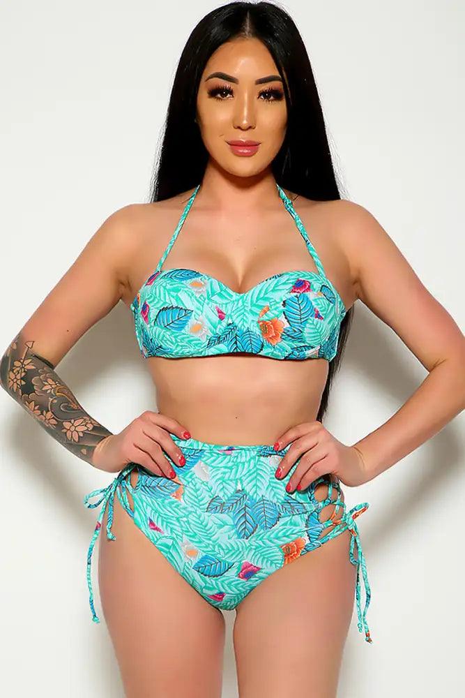 Sexy Mint Teal Printed Halter Push-Up High-Waisted Two Piece Swimsuit - AMIClubwear