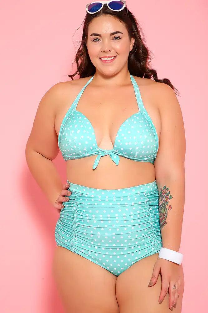 Sexy Mint White Printed Padded Two Piece High Waist Plus Size Swimsuit - AMIClubwear