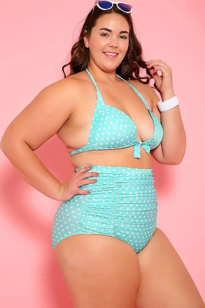 Sexy Mint White Printed Padded Two Piece High Waist Plus Size Swimsuit - AMIClubwear