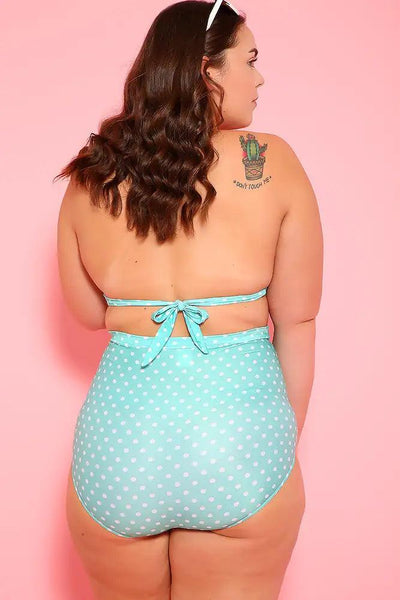 Sexy Mint White Printed Padded Two Piece High Waist Plus Size Swimsuit - AMIClubwear