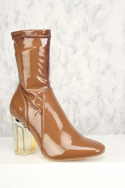 Sexy Mocha Pate Clear Chunky Heel Mid Calf Booties Patent - AMIClubwear