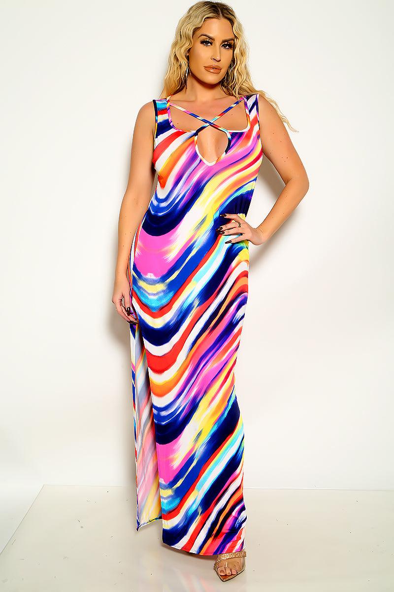 Sexy Multi Color Criss-Cross Front Side Slit Maxi Plus Size Dress - AMIClubwear