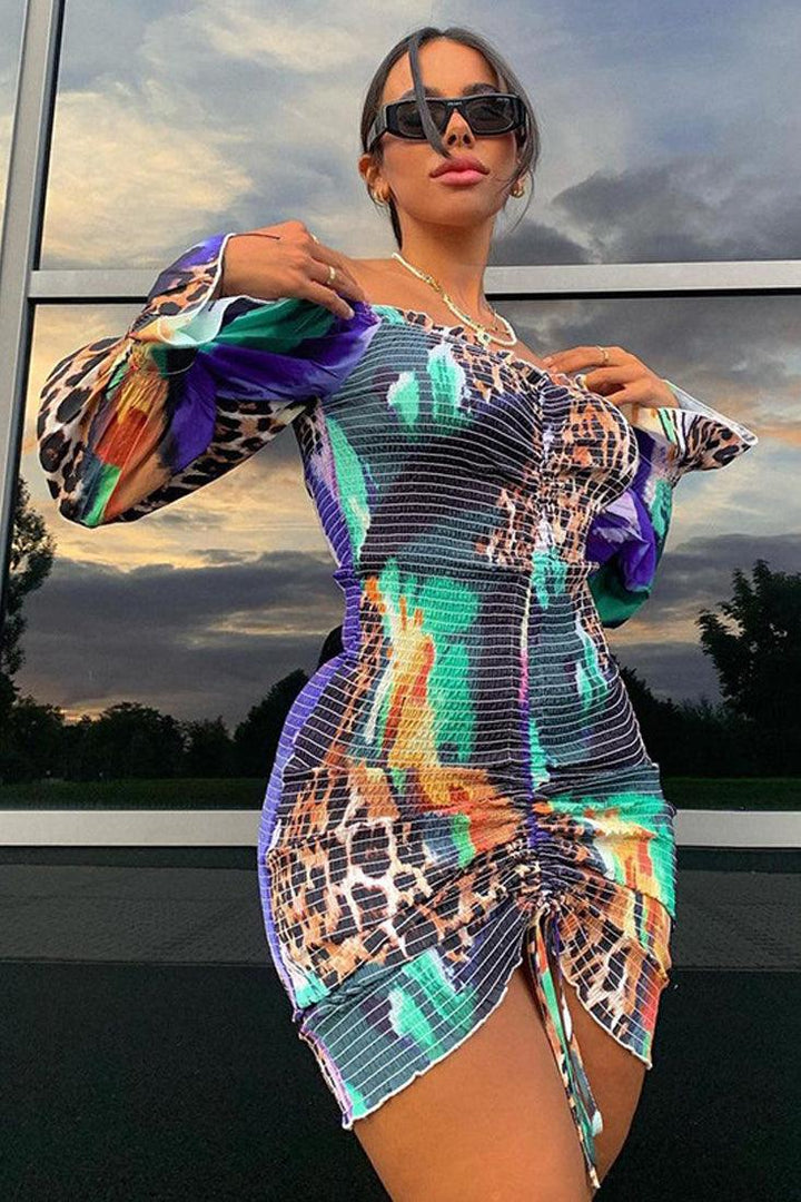 Sexy Multi Colored Long Sleeve Club Dress With Leopard Detail AMIClubwear Sexy Multi Colored Long Sleeve Club Dress With Leopard Detail AMIClubwear